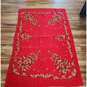 Vintage California Hand Prints Red & Gold Christmas Tablecloth With Festive Tree